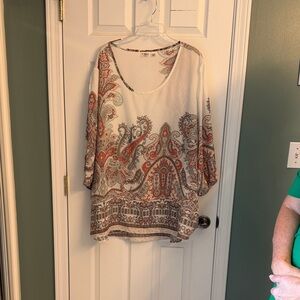 Cato Cream Paisley Scoop-Neck Tunic with Rust & Sage Accents